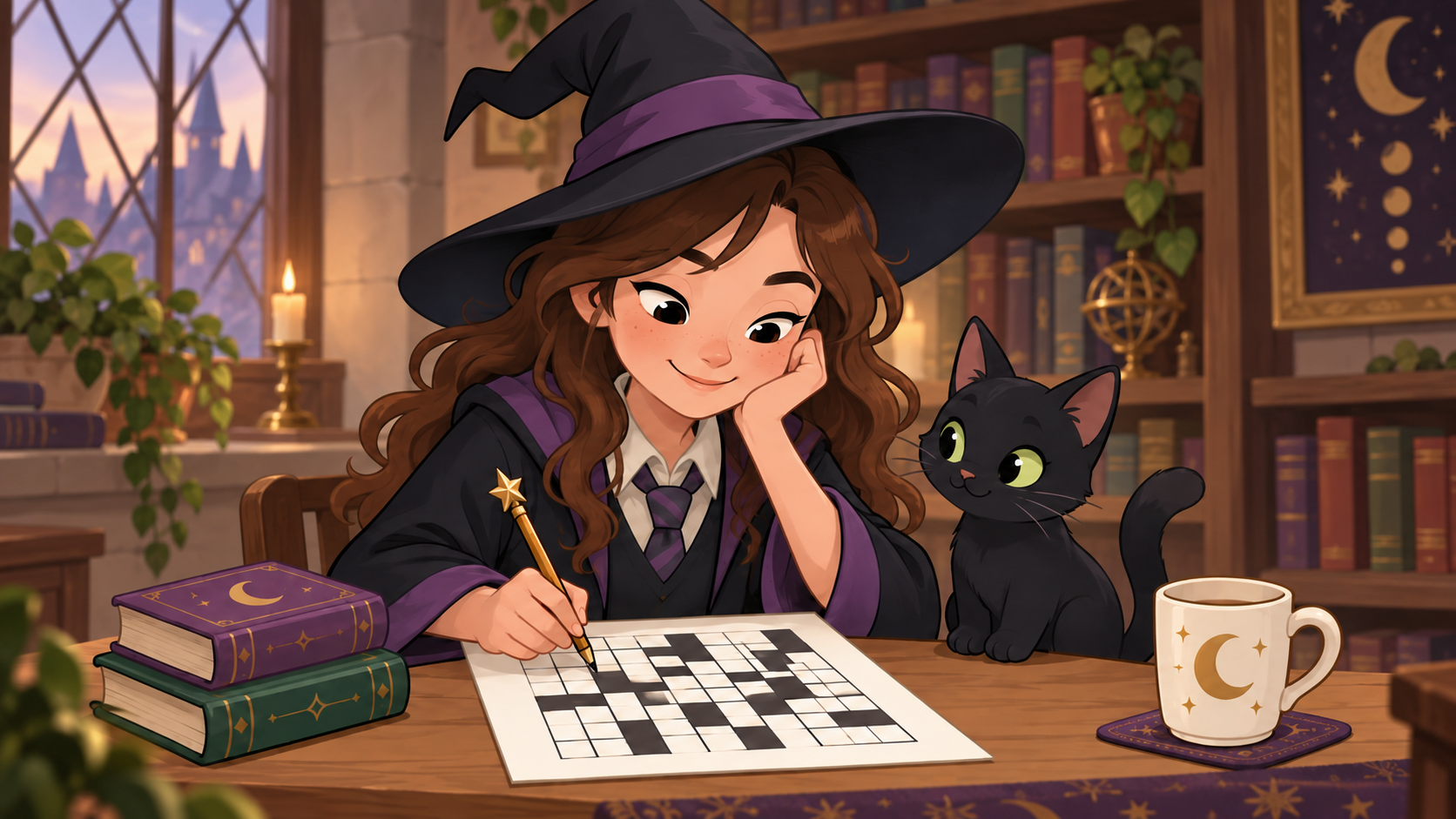 Young witch completing a crossword at a library desk