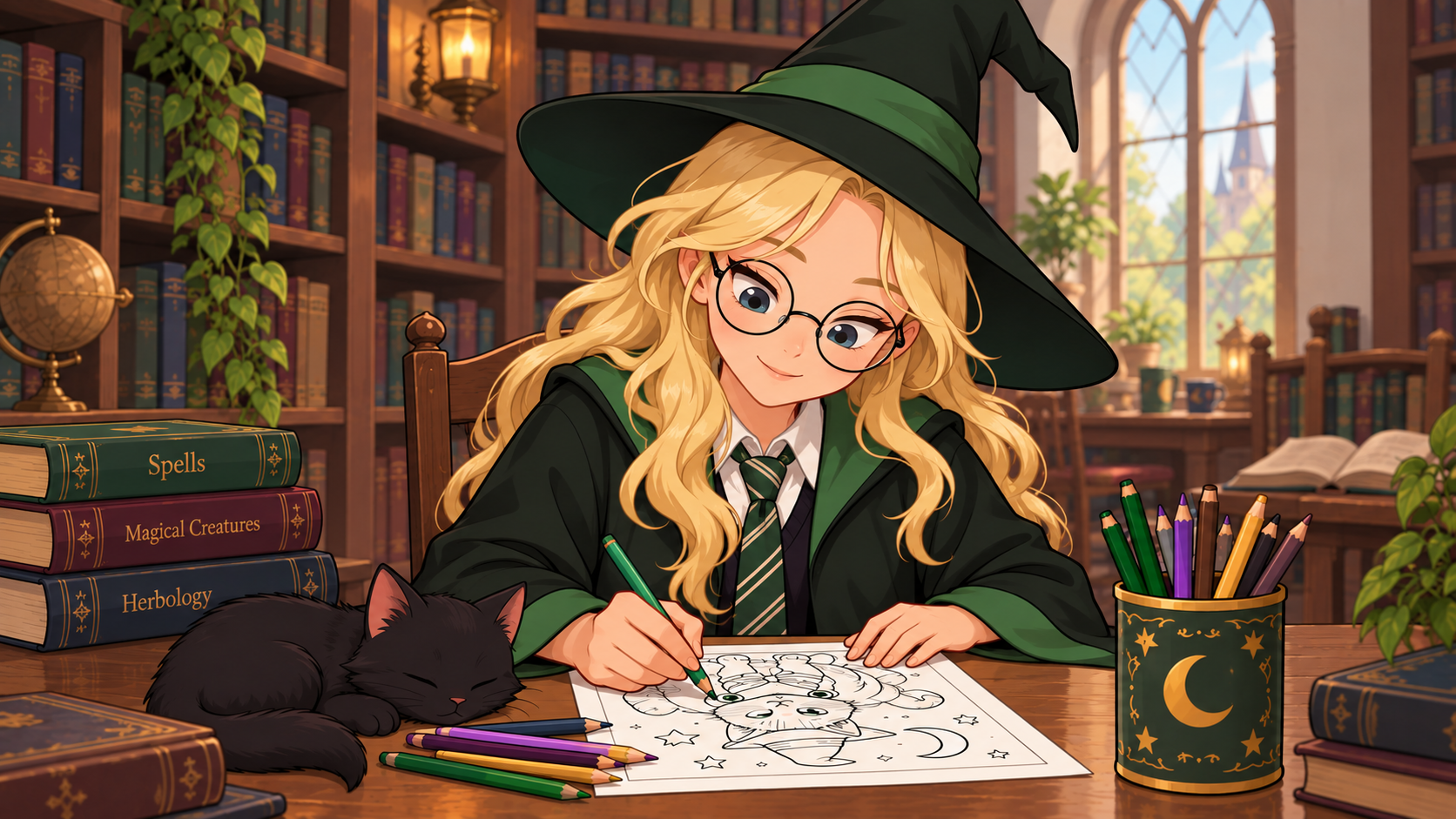 Young witch colouring a picture at a library desk