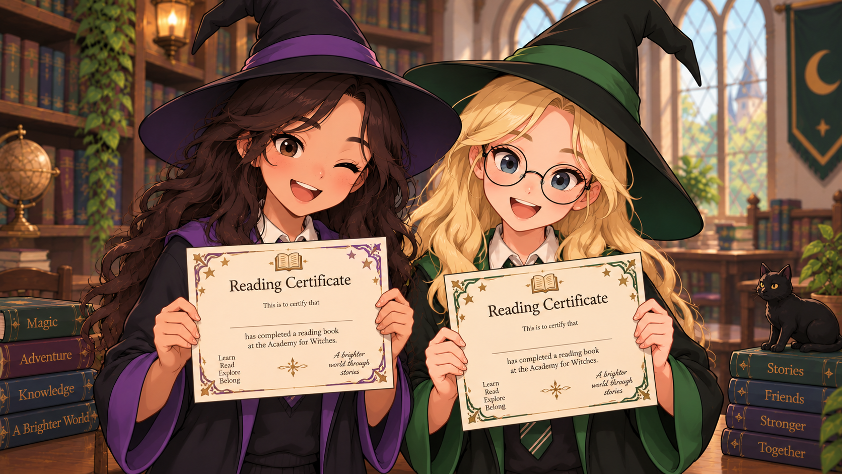 Two young witches holding reading certificates