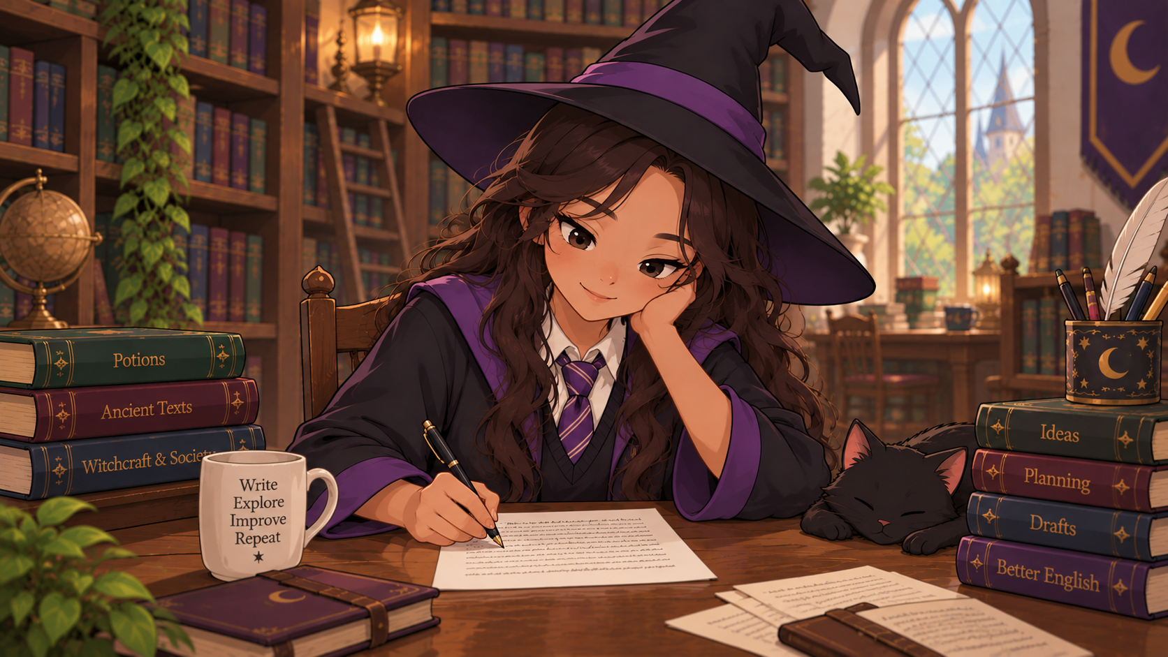 Young witch writing at a library desk